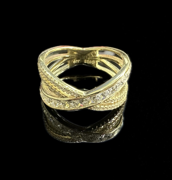 9-1-246719-4-Anillo cruzado doble piedras de plata de ley 925 baño oro 18K