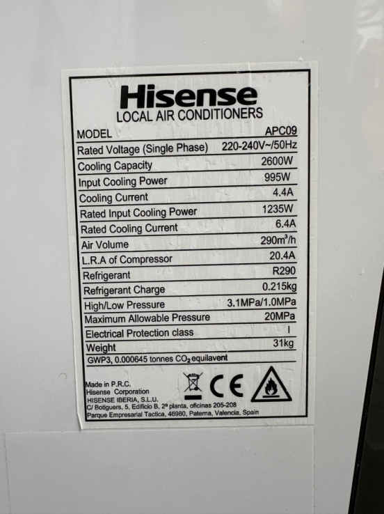 9-9-72158-4-Aire Acondicionado Hisense APC09 2236 Frigorías