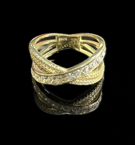 1-1-246729-2-Anillo cruzado doble piedras de plata de ley 925 baño oro 18K