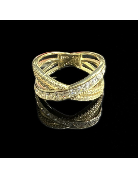 1-1-246729-2-Anillo cruzado doble piedras de plata de ley 925 baño oro 18K