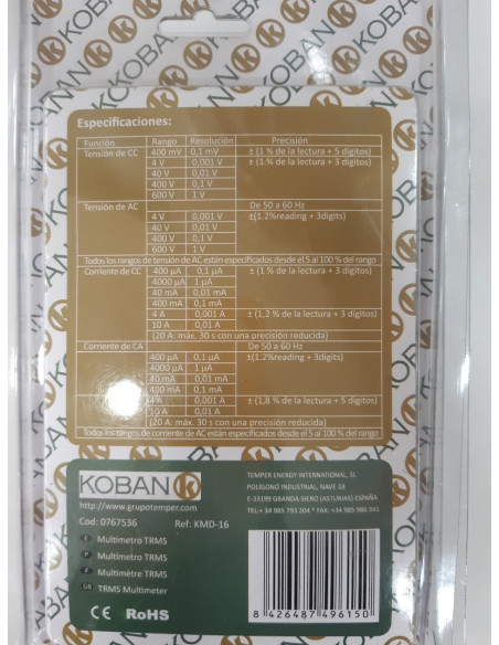 1-1-246861-2-Herramienta Especializada Multímetro Digital Koban KMD-16 0767536 