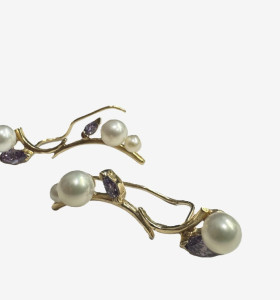 1-1-259336-1-Pendientes trepadores perlas de oro amarillo 18K, L 3cm 2