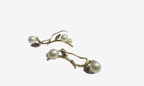 1-1-259336-3-Pendientes trepadores perlas de oro amarillo 18K, L 3cm