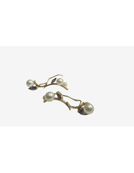 1-1-259336-3-Pendientes trepadores perlas de oro amarillo 18K, L 3cm