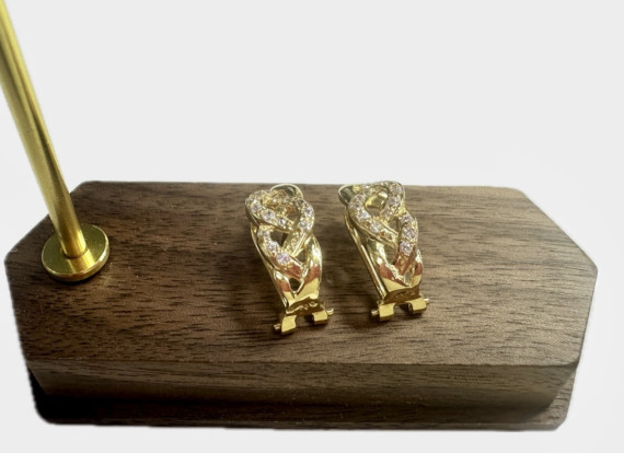 1-8-67384-6-Pendientes trenzados piedras de oro amarillo 18K, L 1.65cm