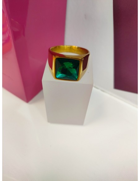 9-9-75662-1-Anillo acero dorado con piedra verde cuadrada T27