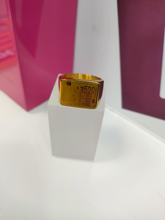 6-9-75543-1-Anillo acero dorado tipo sello con billete de 500 T25