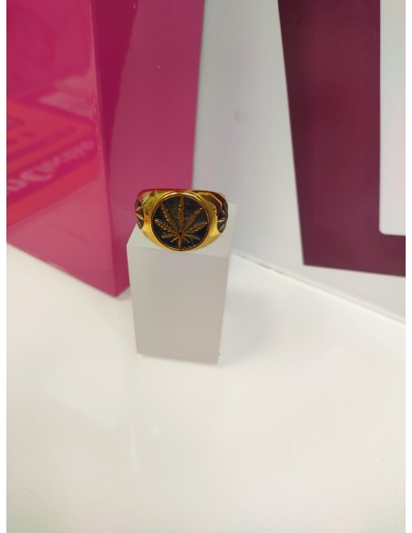 1-9-75508-1-Anillo acero dorado con hoja en negro T28