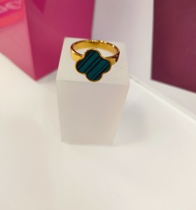 7-9-75782-1-Anillo acero dorado con flor verde T18