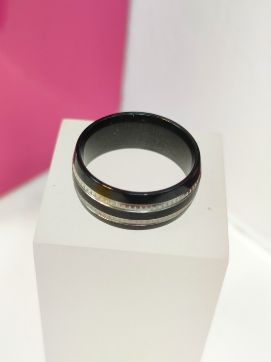 1-9-75818-1-Anillo acero negro con lineas plateadas T15