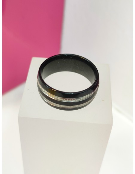 1-9-75818-1-Anillo acero negro con lineas plateadas T15