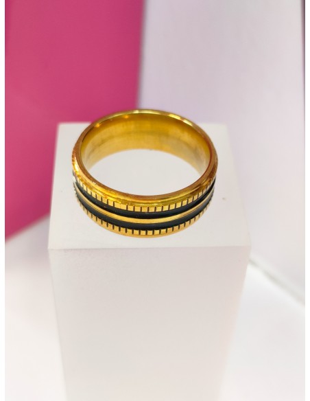 8-9-75764-1-Anillo acero dorado con dos lineas negras T18