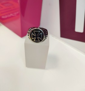 8-9-75484-1-Anillo acero plateado tipo cruz de hierro T26