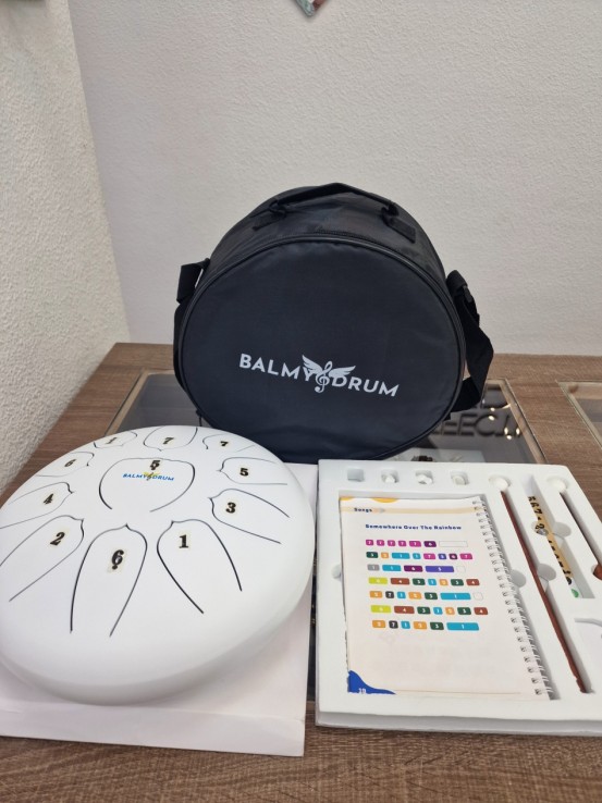 1-1-270555-2-Set Instrumento Percusion Tambor Metalico Lenguetas Balmy Drum Blanco (Sin Uso)