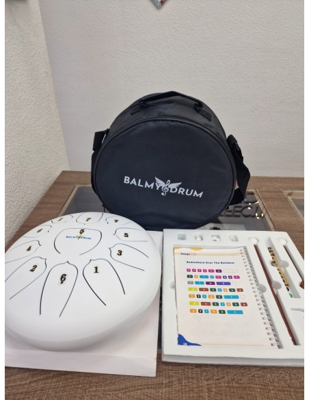 1-1-270555-2-Set Instrumento Percusion Tambor Metalico Lenguetas Balmy Drum Blanco (Sin Uso)