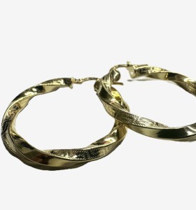 1-1-271804-1-Pendiente tipo aro galloneado fino de plata de ley 925 baño oro 18K, D 3,2cm