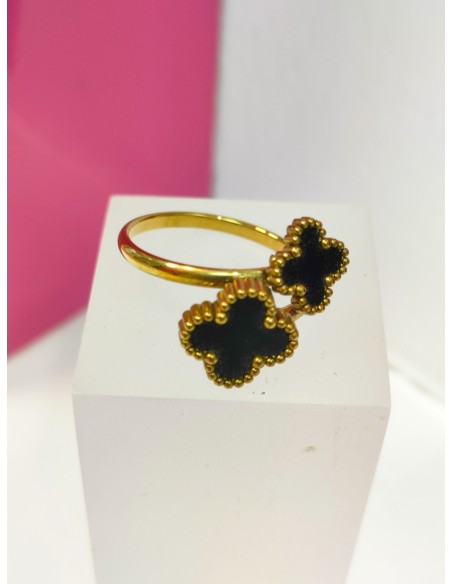 6-9-75787-1-Anillo acero dorado con dos flores negras T19