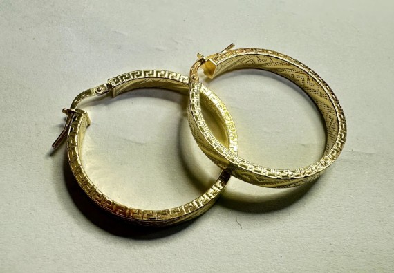 6-1-271783-1-Pendiente tipo aro con greca de plata de ley 925 baño oro 18K,D 3cm