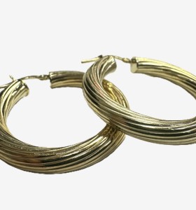 6-1-271816-1-Pendiente tipo aro rallado de plata de ley 925 baño oro 18K,D 3,4cm