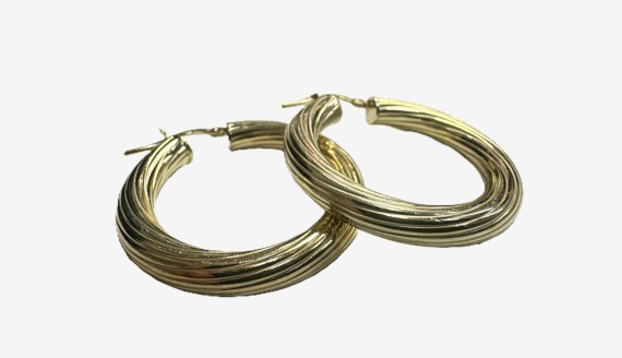 6-1-271816-1-Pendiente tipo aro rallado de plata de ley 925 baño oro 18K,D 3,4cm