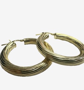 6-1-271816-1-Pendiente tipo aro rallado de plata de ley 925 baño oro 18K,D 3,4cm 2