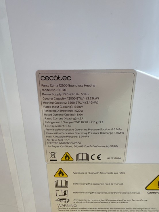 1-1-266559-5-Aire Acondicionado cecotec ForceClima 12600 Soundless Heating portátil de 12000 BTU con bomba de 
