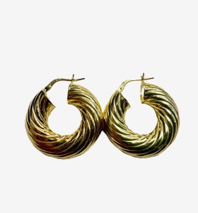 1-1-271820-1-Pendiente tipo aro galloneado grueso de plata de ley 925 baño oro 18K,D 2,7cm 2