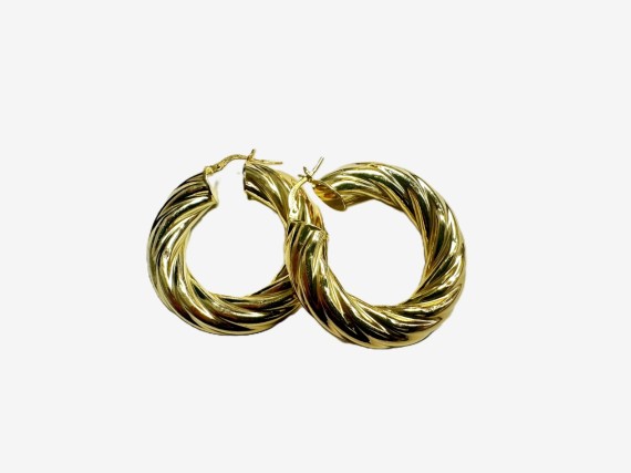 1-1-271823-2-Pendiente tipo aro galloneado grueso de plata de ley 925 baño oro 18K,D 3,6cm