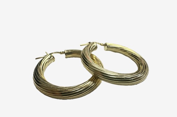 9-1-271815-2-Pendiente tipo aro rallado de plata de ley 925 baño oro 18K,D 3,4cm