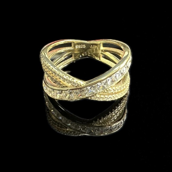 1-1-246729-2-Anillo cruzado doble piedras de plata de ley 925 baño oro 18K