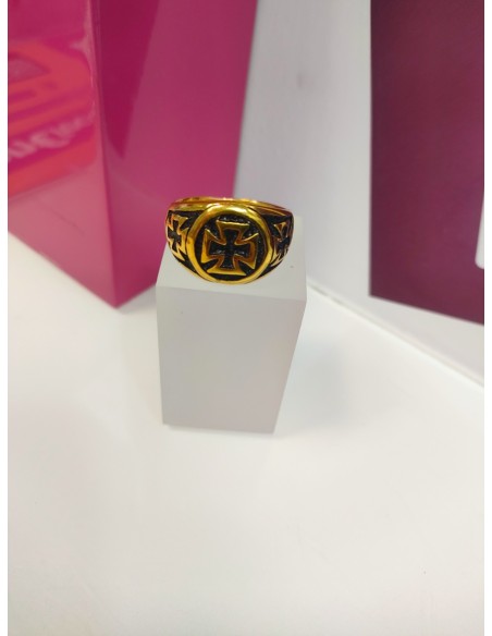 1-9-75570-1-Anillo acero dorado con tres cruces de hierro T29