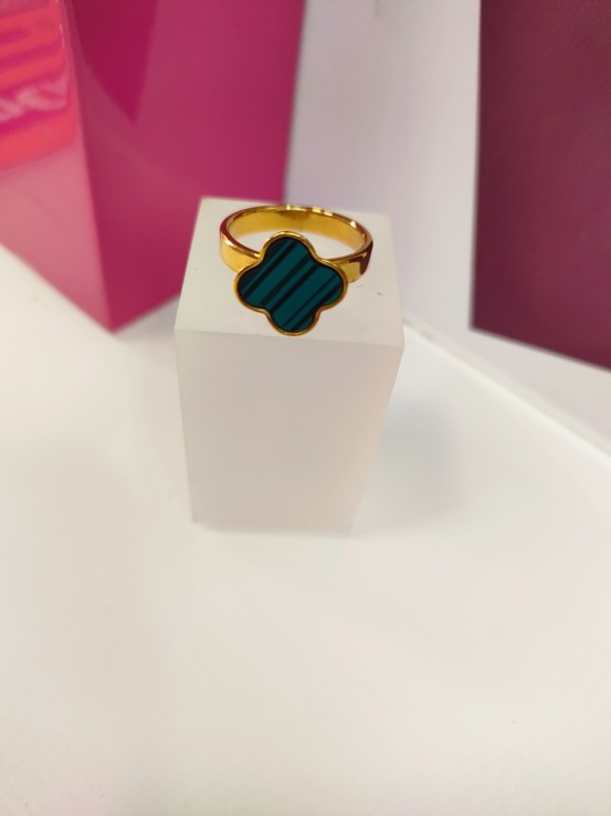7-9-75782-1-Anillo acero dorado con flor verde T18