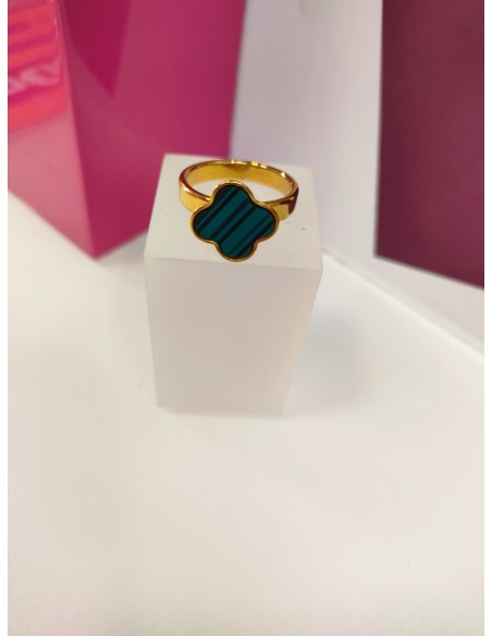 7-9-75782-1-Anillo acero dorado con flor verde T18