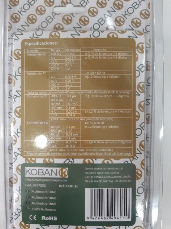 1-1-246861-2-Herramienta Especializada Multímetro Digital Koban KMD-16 0767536 
