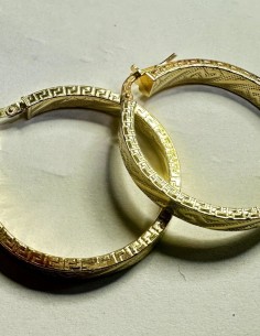 1-1-271784-1-Pendiente tipo aro con greca de plata de ley 925 baño oro 18K,D 3cm