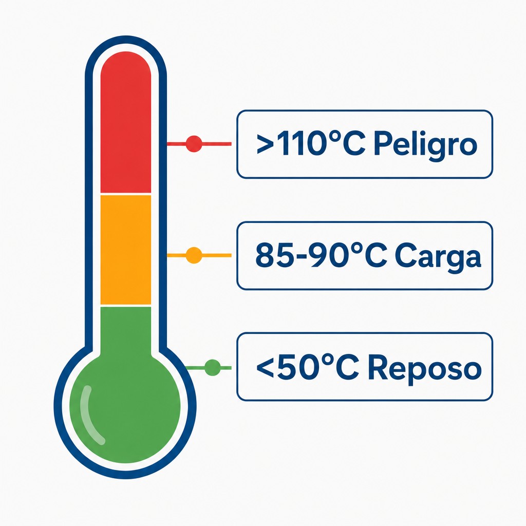Rangos de temperatura: reposo (<50°C), carga (85-90°C), peligro (>110°C)
