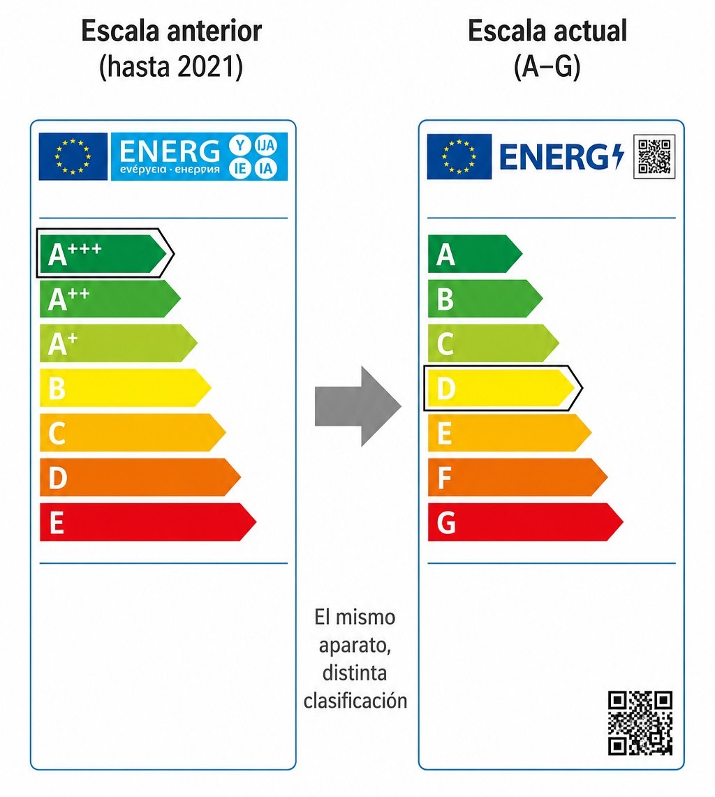 Comparativa entre la escala energética antigua con clases A+++ y la escala actual de A a G