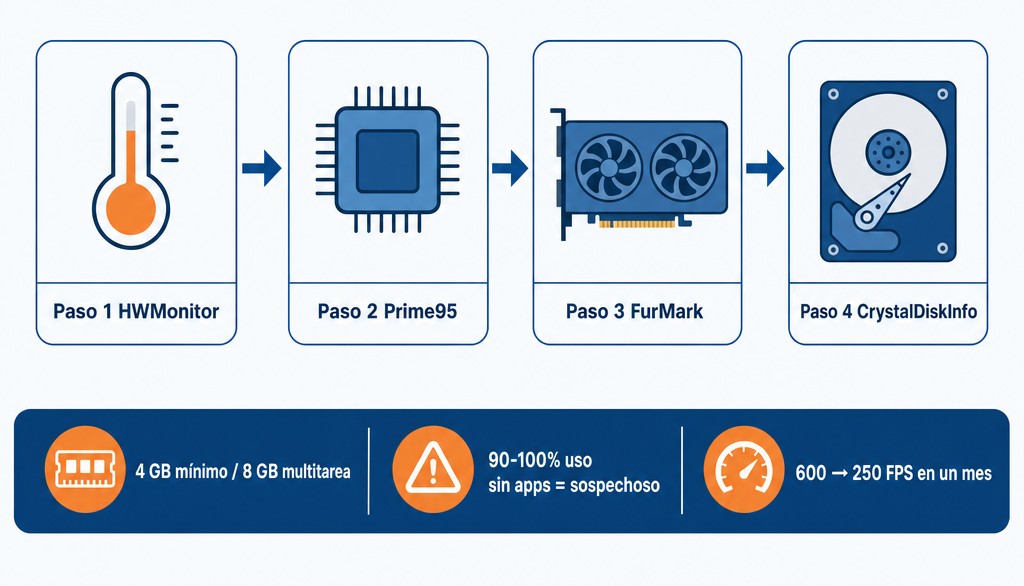 Flujo de trabajo para auditar un portátil usado: HWMonitor, Prime95, FurMark, CrystalDiskInfo