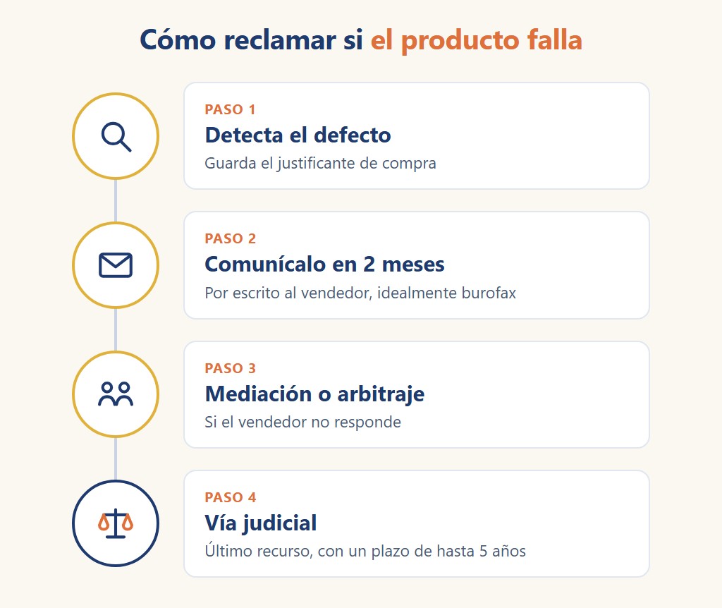 Pasos para reclamar si un producto de segunda mano falla: detectar el defecto, comunicarlo por escrito en 2 meses, mediación o arbitraje y vía judicial con un plazo de hasta 5 años